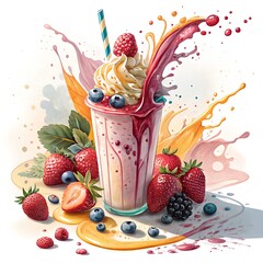 Artistic Milkshake Splash with Fresh Fruits in Vibrant Colors