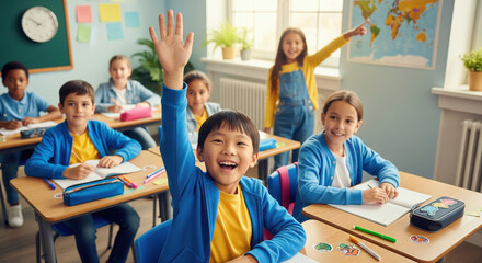 Elementary School Classroom with Diverse Students Raising Hands learning stock