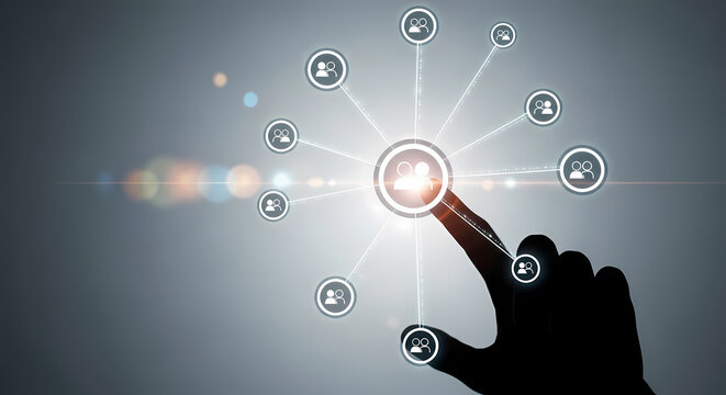 A finger touches a digital interface, representing connection, network, and communication within a futuristic, technology-driven environment.