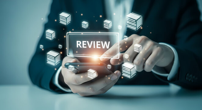 A business professional reviews data with a digital interface, evaluating information and making decisions using technology for analysis and assessment.