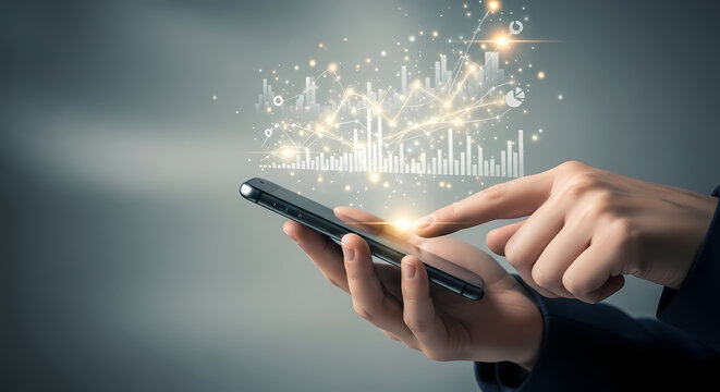 A person's hand uses a smartphone to analyze financial data, with glowing charts and graphs representing business growth and market trends.