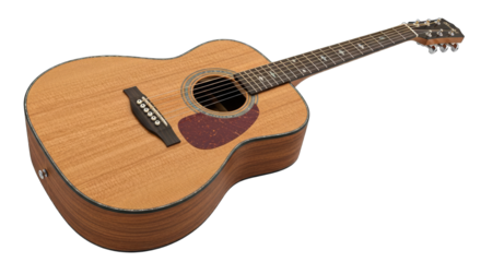 Acoustic Guitar With Cork Construction And Detailed Inlay On Fretboard Isolated On Black Background Studio Shot