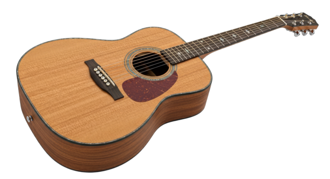 Acoustic Guitar With Cork Construction And Detailed Inlay On Fretboard Isolated On Black Background Studio Shot
