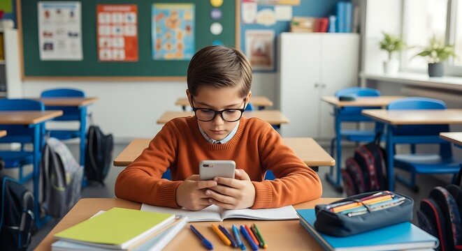 Engaged Young Student Using Smartphone in Classroom During School Day with Focus on Educational Tech.jpg - Powered by Adobe