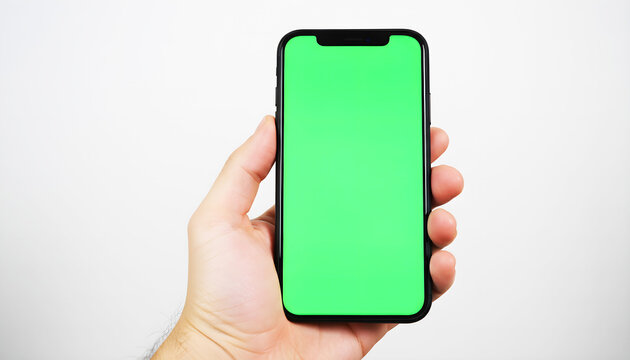 Hand holding smartphone with clean green screen on white background. Modern mobile mockup for app interface design, digital presentation, advertising, and chroma key visual effects.