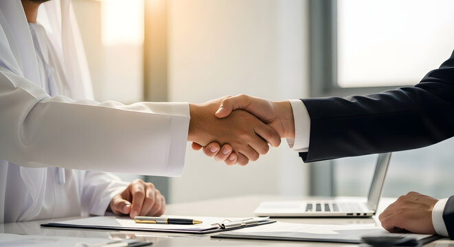 Close-up of two professionals shaking hands in an office environment, symbolizing agreement and cooperation.