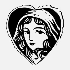Vintage engraved portrait of a mysterious curly-haired girl wrapped in a headscarf and framed inside a heart shape. Perfect for tattoos, stickers, apparel, mystical merch and retro aesthetic lovers.