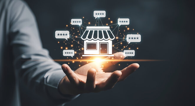 A person's hand holds a glowing digital representation of a shop, surrounded by chat bubbles, symbolizing online business and communication.