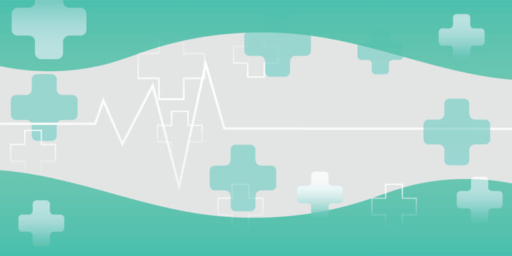 A medical background banner with teal plus signs and a white EKG heartbeat line on a gray and green wavy design.