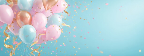 The Balloons Floating Over Pastel Blue Background with Gold Confetti and Ribbons