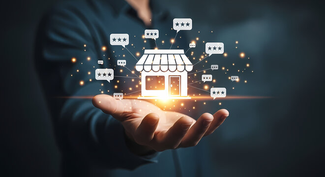 A person's hand holds a glowing shop icon, surrounded by speech bubbles, symbolizing online business and customer communication.