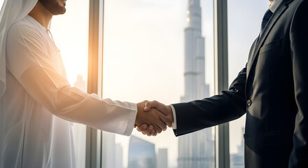 Two professionals shaking hands near a window with a modern city skyline, representing partnership and corporate success.