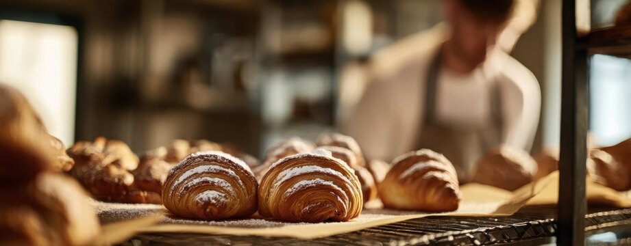 The Croissants Lined on a Bakery Rack in Warm Morning Light, Freshly Baked