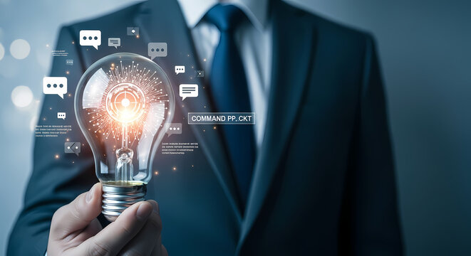 A businessman holds a glowing lightbulb representing innovation and ideas, symbolizing creativity and problem-solving in the business world. - Powered by Adobe