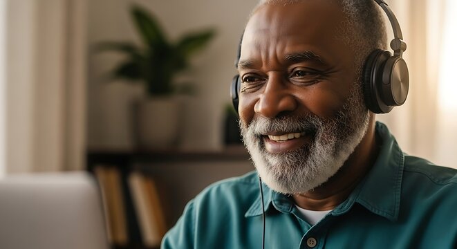 Senior man enjoying music with headphones at home looking cheerful and relaxed spending leisure time.jpg - Powered by Adobe
