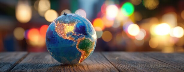 The Globe Illuminated on Wood Table with City Lights Bokeh Background