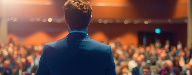 The speaker addressing a packed conference audience from the stage under warm lights