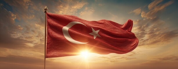 The Turkish flag waving majestically against a dramatic golden sunset over the horizon