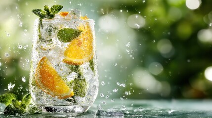 Refreshing citrus drink with sparkling water mint leaves and bright splashing motion captured outdoors creating a vivid summer beverage scene perfect for food and drink visuals