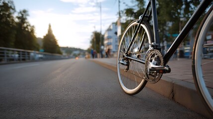 A bicycle s rear wheel and gears resting by a street curb in warm golden hour light