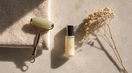 Minimal skincare flat layout with jade roller soft towel and serum bottle in warm natural light perfect for beauty branding clean product photography and wellness visuals