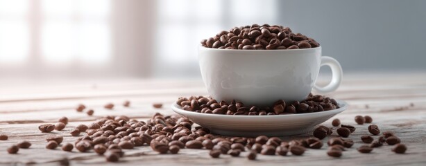 The coffee cup overflowing with roasted beans on a rustic wooden table