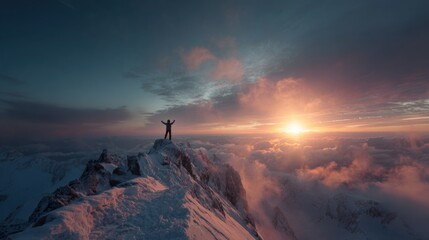 Person standing on snowy mountain peak with arms raised at sunrise above clouds symbolizing victory freedom and achievement perfect for motivation and adventure visuals