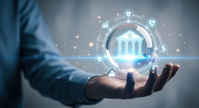 A person's hand presents a glowing bank icon, symbolizing digital banking, financial technology, and secure online transactions.