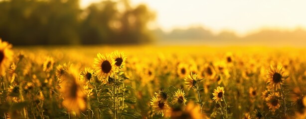 The Sunflower Field Glowing in Warm Golden Hour Light Across a Tranquil Countryside