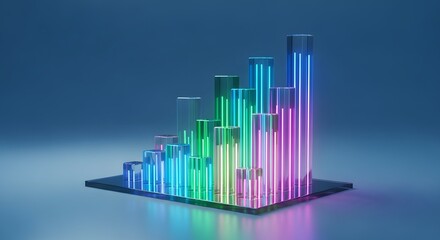 Colorful bar graph with neon lights ascending on a reflective surface against a blue background