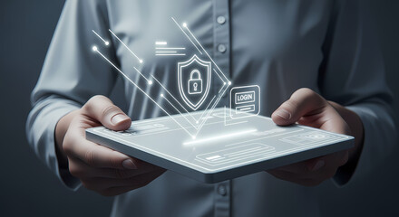 A person holds a tablet displaying a digital security shield and data streams, representing online protection and cybersecurity measures.