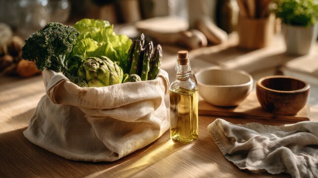 Fresh seasonal vegetables in a reusable linen bag with olive oil bottle on wooden kitchen table in soft morning sunlight promoting sustainable healthy lifestyle