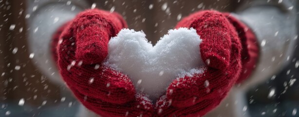 The snow heart cradled in red mittens amid gentle falling snowflakes and soft background