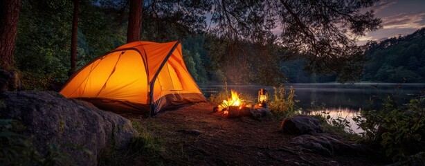 The Tent by a Lakeside Campfire Glowing at Twilight in Pine Forest