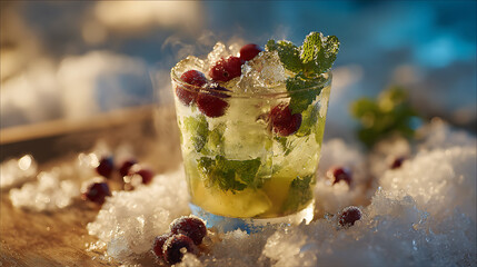 A colorful mojito made with fresh berries, mint, and lime sits on a wooden surface surrounded by crushed ice. The scene captures a lively summer atmosphere, perfect for a celebration.