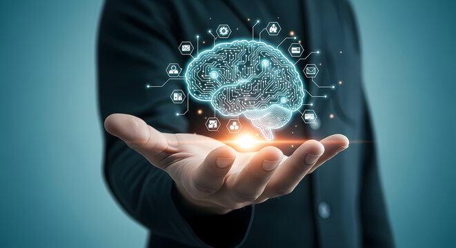 A person's hand holds a digital representation of a glowing brain, symbolizing artificial intelligence and innovative technology.