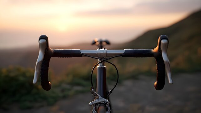 Close up of bicycle handlebars against a beautiful sunset over a hilly landscape evoking a sense of adventure and peace