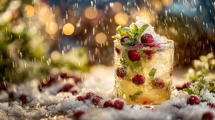 A beautifully crafted winter cocktail filled with fresh cranberries and mint sits on a snowy table. Soft droplets of water fall, adding a crisp feel to the festive atmosphere.