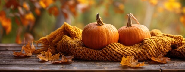 The Pumpkins on Cozy Knit Blanket Amidst Autumn Leaves and Warm Bokeh Light