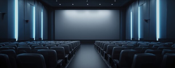 The Cinema Screen in a Modern Empty Blue-Lit Theater with Rows of Seats