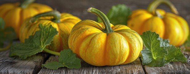 The Pumpkin Still Life On Rustic Wood With Autumn Leaves And Warm Light