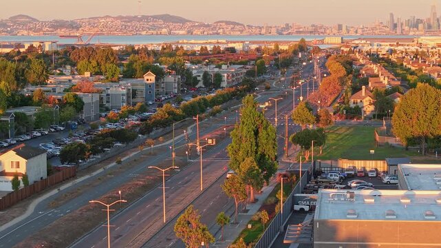 An aerial zoom out shot from a drone of Atlantic Ave in Alameda California. Filmed on a DJI Air 3S.