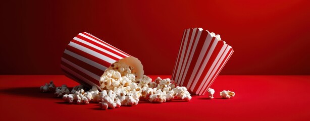 The Popcorn Tubs Spilled On A Red Surface With Striped Paper Buckets Dramatic Lighting