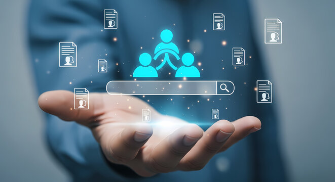 A person's hand holding a digital search bar with icons representing people and documents, symbolizing online recruitment and data.
