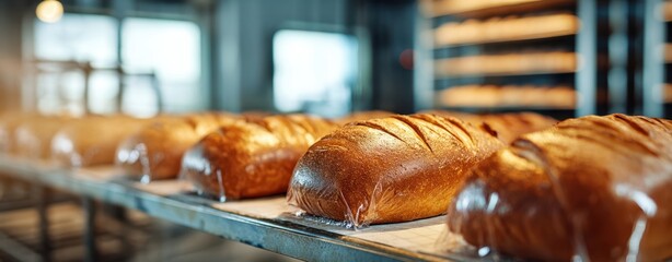 The bread loaves on a cooling rack in an artisan bakery kitchen