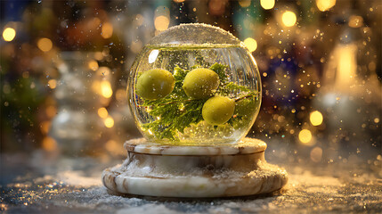 Citrus fruits and green herbs are arranged in a glass bowl sitting on a snowy surface. Soft lights twinkle in the background, creating a magical winter atmosphere.