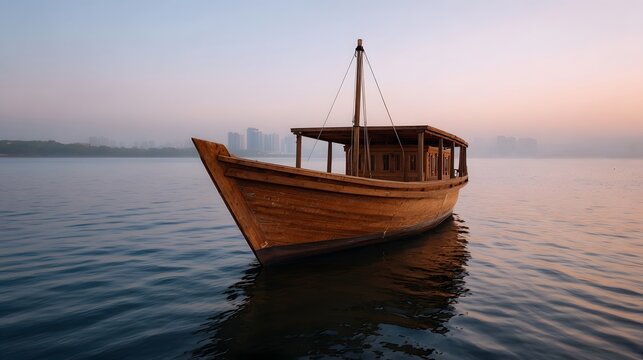 A traditional wooden boat floats serenely on calm water during the soft light of dawn with a misty cityscape visible on the horizon