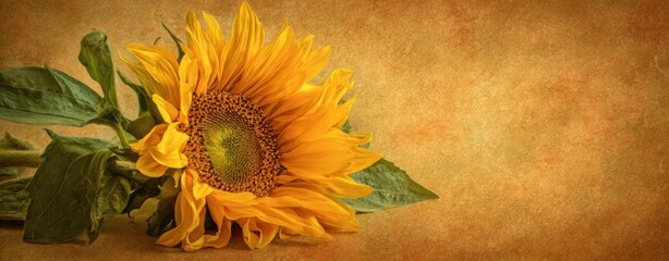 The sunflower lying on a textured vintage background with warm golden tones