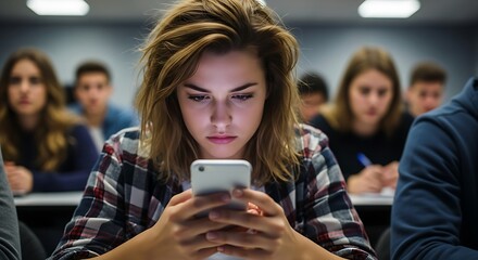 Engrossed Student Using Smartphone in Lecture Hall with Focused Attention and Modern Technology Inte.jpg