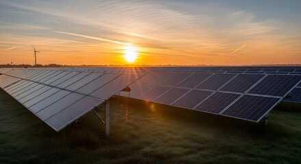 Solar panels at sunrise with a wind turbine visible in the distance under a bright orange sky